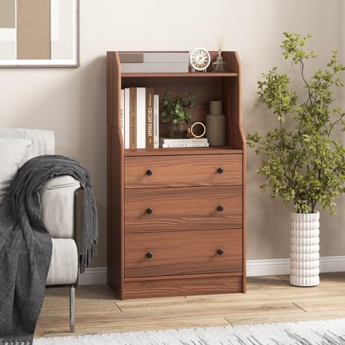 LOKO 3 Drawers Dresser with Shelves, Tall Nightstand, Anti-Toppling Device, Walnut T9199