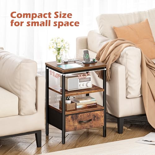 SUPERJARE Nightstand with Charging Station, Fabric Drawer, 3-Tier Storage, Walnut K366263