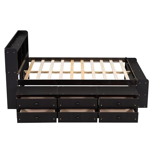 SOFTSEA Full Size Platform Bed with Storage Drawers and Bookcase Headboard, White V613109