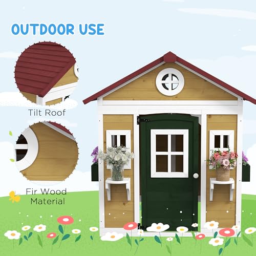 Outsunny Wooden Kids Playhouse with Doors and Windows for Toddlers 3-8 Years, Beige Q471