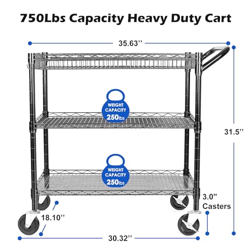 WDT Heavy Duty 3 Tier Utility Cart with Wheels, Commercial Grade Service Cart, 750LBS Capacity Silver L466