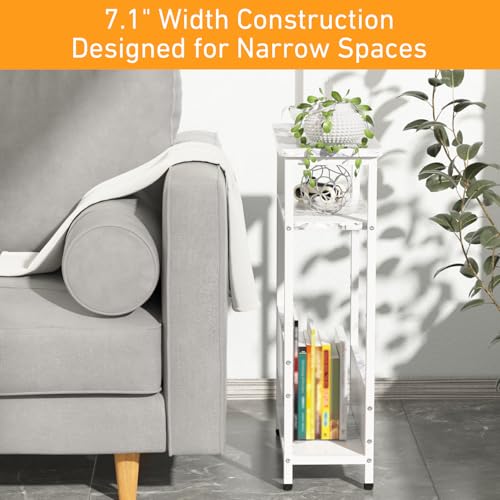 7.1" Narrow 3-Tier Side Table with Magazine Holder, Faux White Marble R580691