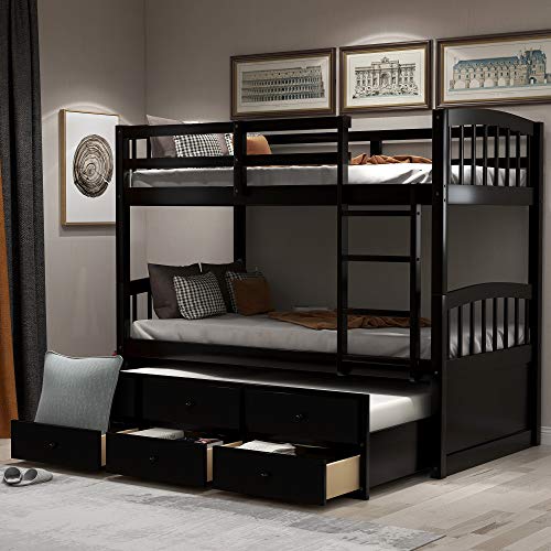Harper & Bright Designs Twin Over Twin Bunk Bed with Storage Drawers, Solid Wood, Espresso P440327