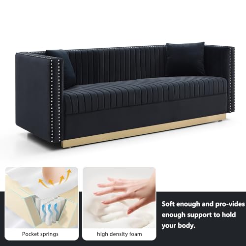 78" Velvet Couch with 2 Pillows, Gold Metal Legs, Black Z118018