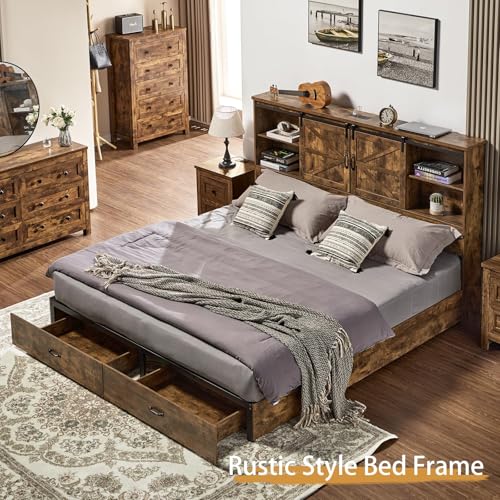 VanAcc Full Size Wooden Platform Bed with Bookcase Headboard and 2 Drawers O6158