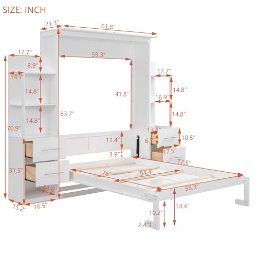 PURLOVE Queen Size Solid Wood Murphy Bed with Shelves and LED Lights H5456
