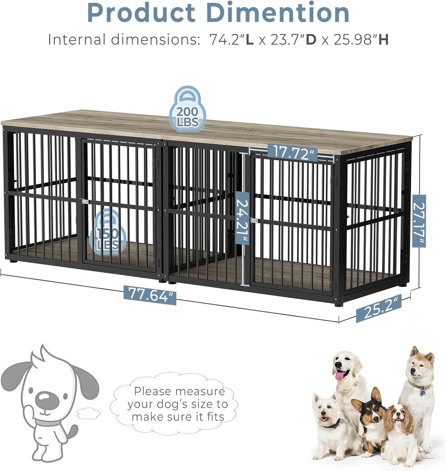 77.64" Dog Crate Furniture Large Breed TV Stand with Double Rooms, Wooden Kennel End Table C5910