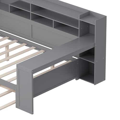 Bellemave Twin Corner Bed Frame with Storage Shelves and Desk, Gray L74206