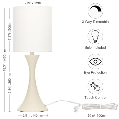 Dimmable Bedside Lamp with Touch Control, Beige Shade, LED Bulb Included S148