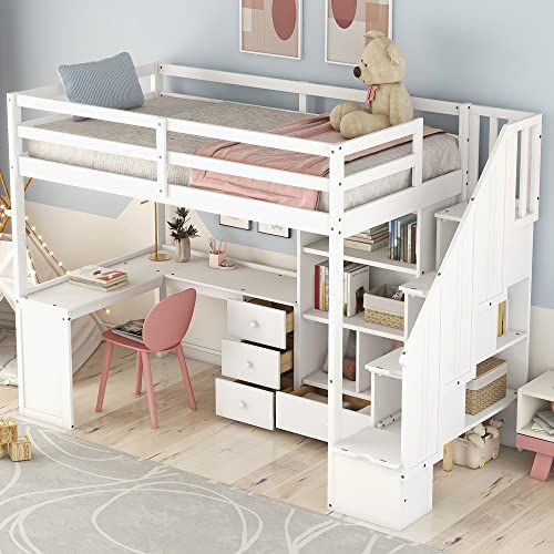 Harper & Bright Designs Twin Size Loft Bed with L-Shaped Desk and Stairs, Solid Wood, White D768