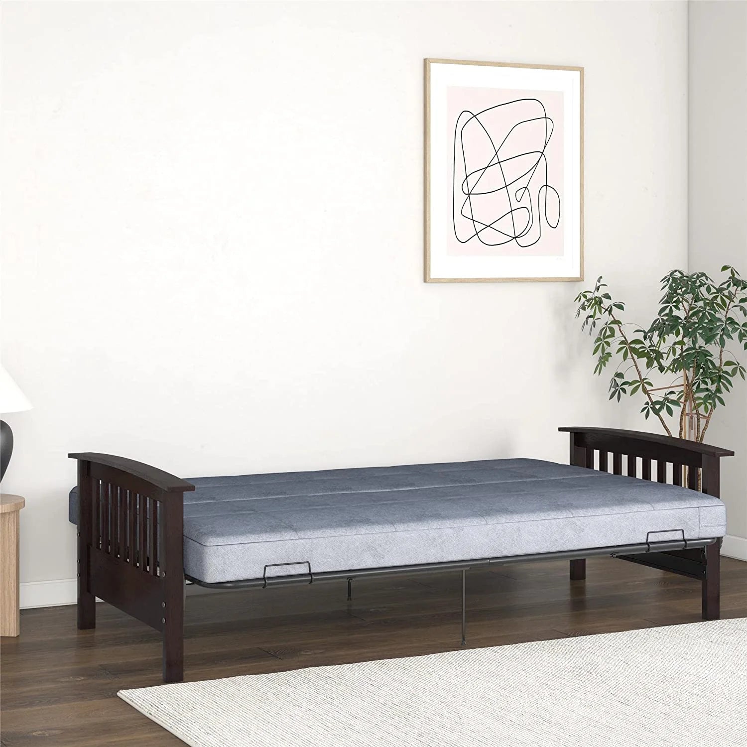 Elbi Full Size Wood and Black Metal Futon Frame, Natural Q52613