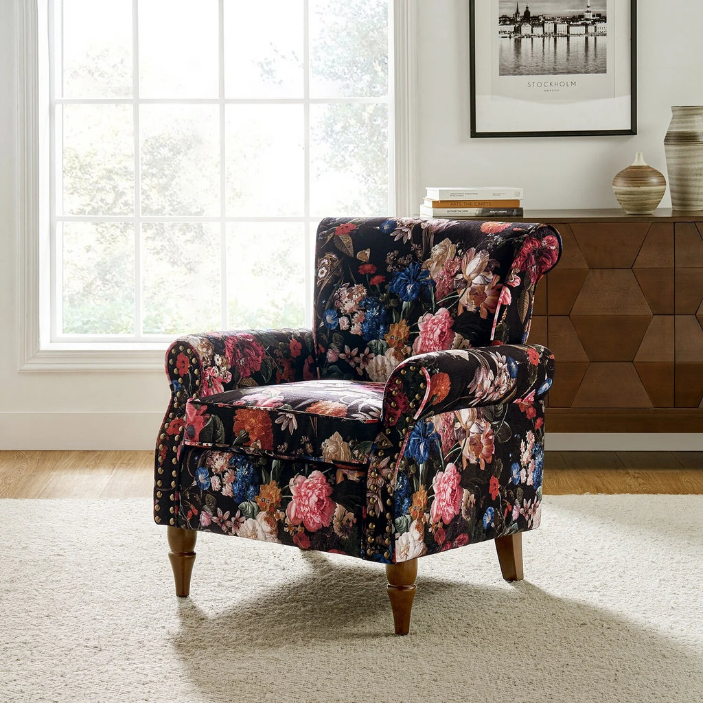 HULALA HOME Avelina Nailhead Trim Accent Armchair with Rolled Arms Black Z73504