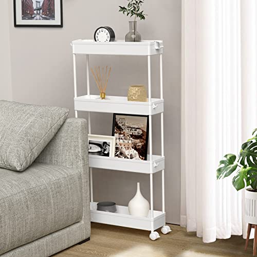 SPACELEAD Slim Storage Cart 4 Tier, Rolling Utility Cart for Bathroom & Kitchen, White Q18019