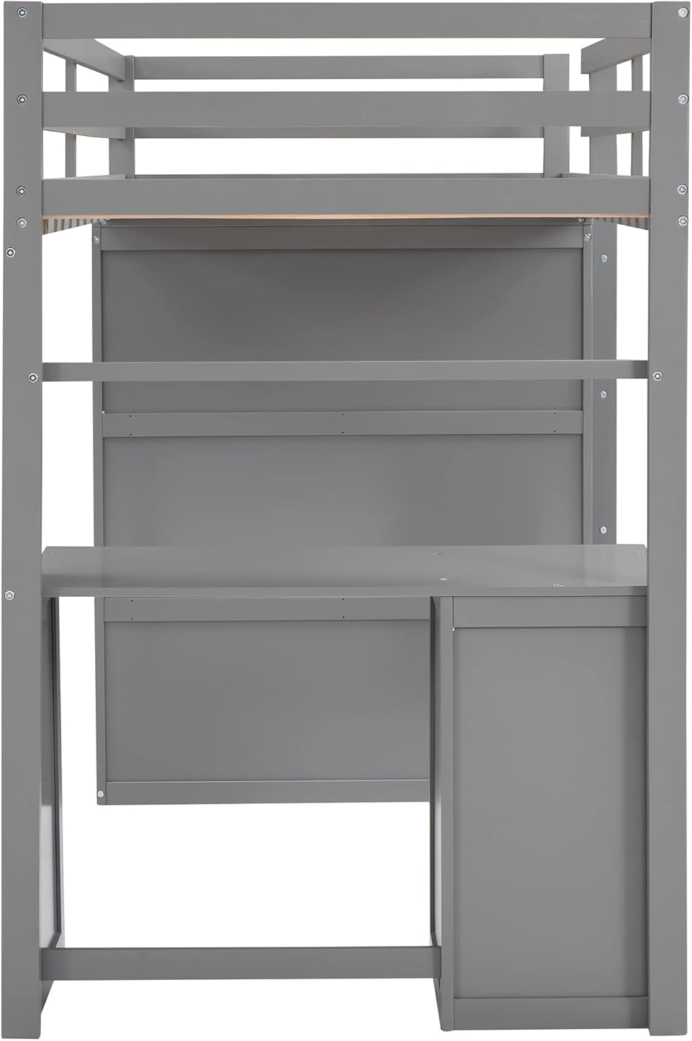 Gray Twin Loft Bed with Desk, Drawers, and Wardrobe D70389