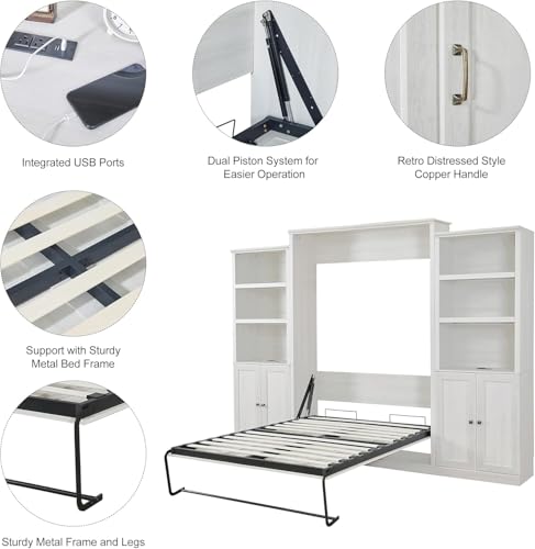 MERITLINE Queen Murphy Bed with Storage Bookcase and Charging Station E996