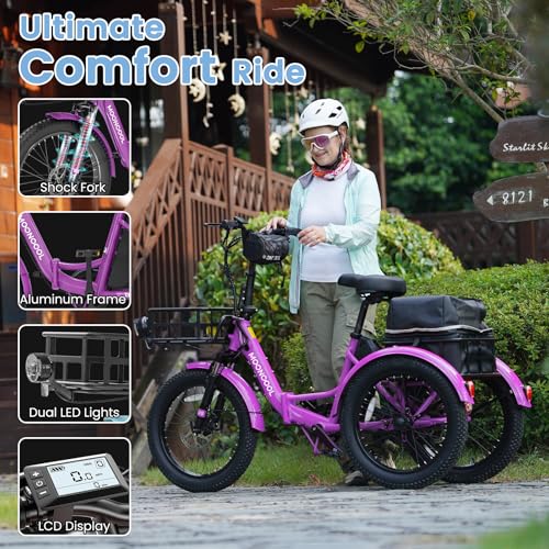 MOONCOOL Electric Tricycle for Adults, 500W 48V Folding 3-Wheel Bike with Basket O9027
