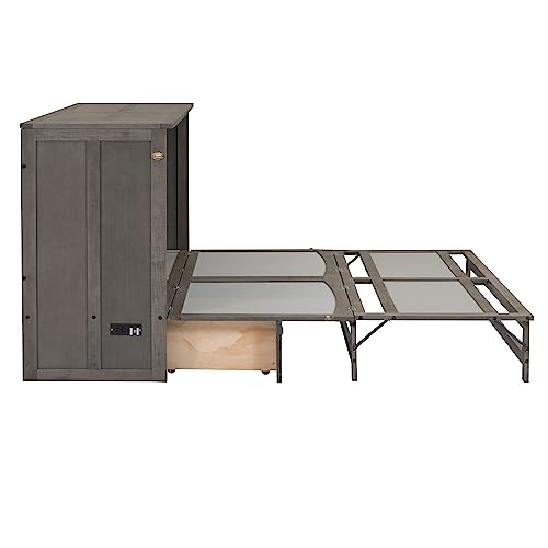 Queen Size Solid Pine Murphy Bed Chest with Charging Station and Storage Drawer K498