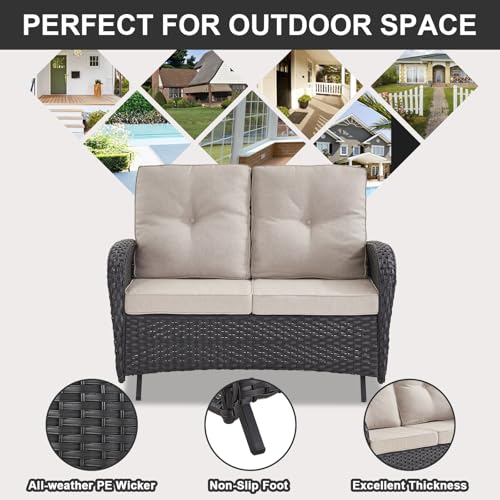 Outdoor Wicker Swivel Rocker Chairs Set of 2 with Rattan Side Table, Brown/Blue B592