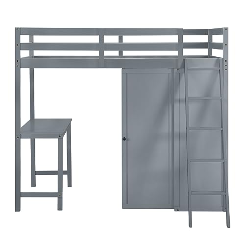 Harper & Bright Designs Full Size Loft Bed with Wardrobe and Desk, Solid Wood, White R4710