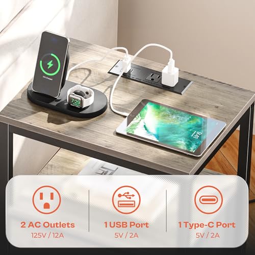 SUPERJARE Nightstand with Charging Station, Fabric Drawer, 3-Tier Storage, Walnut K366263