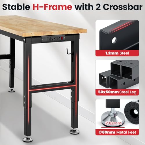 48 Inch Adjustable Height Workbench with Rubberwood Tabletop and Power Outlets X1723