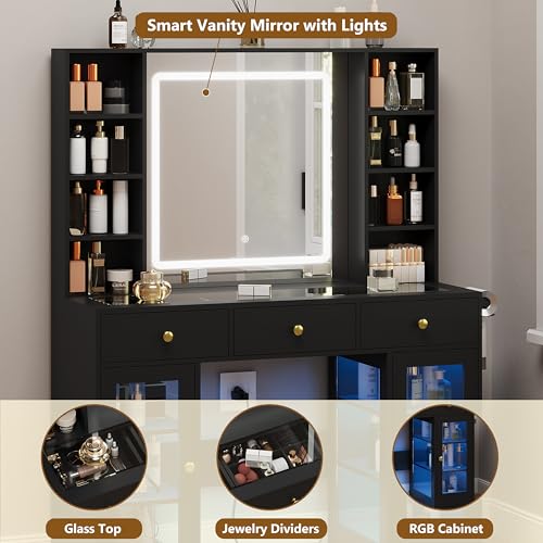White Vanity Desk with Mirror and Lights, Glass Top, 3 Drawers V863482