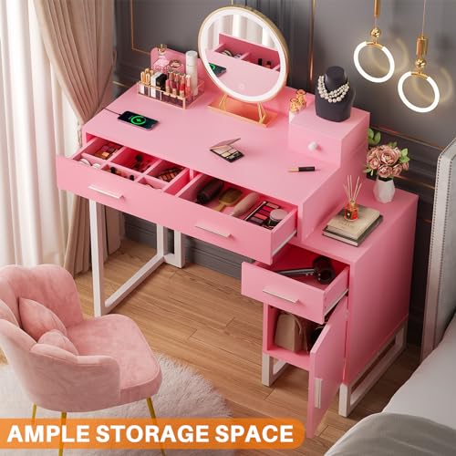 Black Vanity Desk with 4 Drawers and Charging Station O896