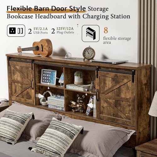 VanAcc Full Size Wooden Platform Bed with Bookcase Headboard and 2 Drawers O6158