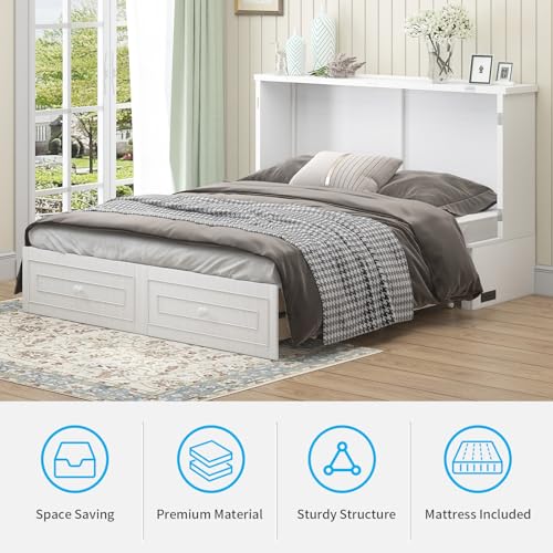 Mjkone Murphy Bed Cabinet Queen Size with USB Charging Station & Storage Drawers, White U176463