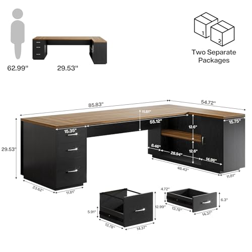 Tribesigns 85.8-Inch L-Shaped Executive Desk with File Drawers & Shelves, White & Brown I578