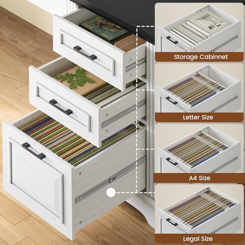 Itaar Farmhouse Executive L Shaped Desk with File Drawer and Power Outlet, White X918168