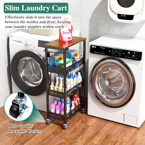 Utility Slim Storage Cart 4-Tier Rolling Cart with Wood Top A517006