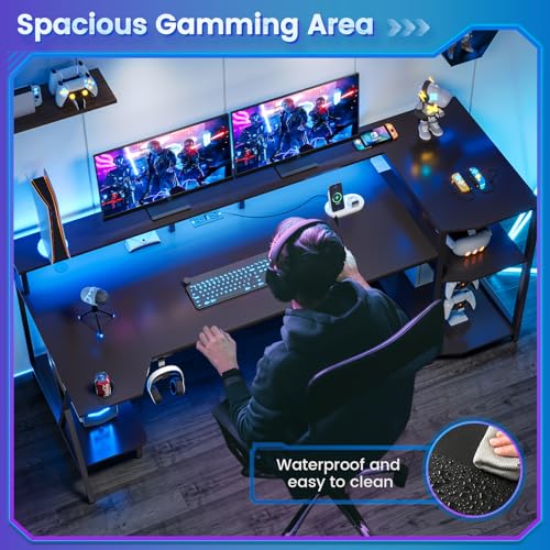 SEDETA Gaming Desk 70.8'' with LED Lights and Storage Shelves, Black Y2845