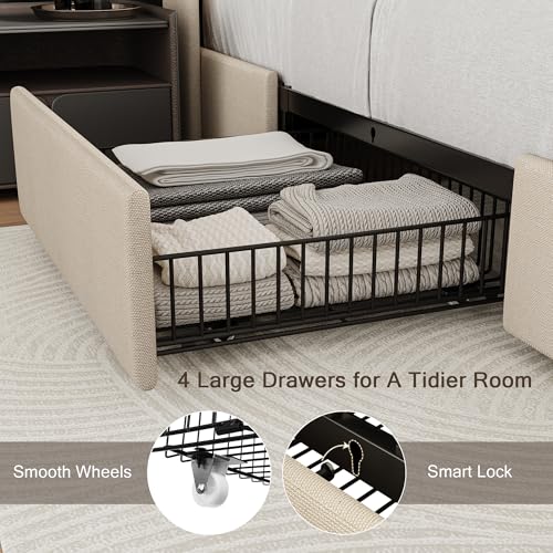 Queen Bed Frame with 4 Storage Drawers and Charging Station, Black S804993