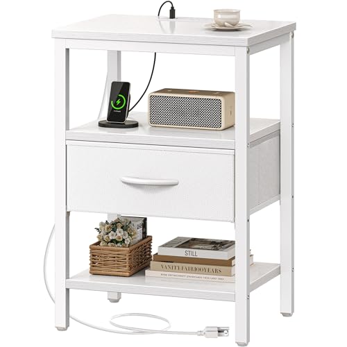 SUPERJARE Nightstand with Charging Station, Fabric Drawer, 3-Tier Storage, Walnut K366263