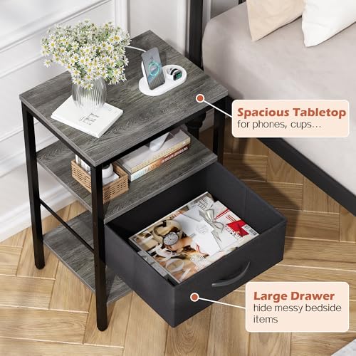 SUPERJARE Nightstand with Charging Station, Fabric Drawer, 3-Tier Storage, Walnut K366263
