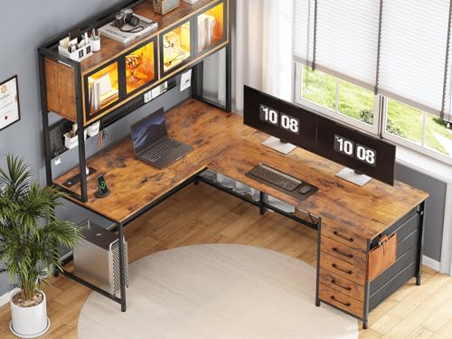 SEDETA L Shaped Gaming Desk with Drawers, LED Lights, and Power Outlet O3738