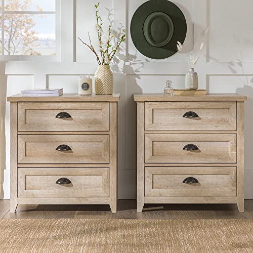 Walker Edison Hazel 2-Piece Modern Farmhouse 3 Drawer Nightstand, White Oak X7971