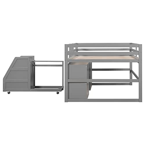 Full Size Low Loft Bed with Retractable Writing Desk and Storage Q64739