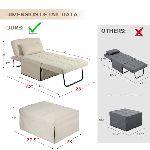 Ottoman Sofa Bed 4-in-1 Sleeper Chair, Gray, 36" F77739