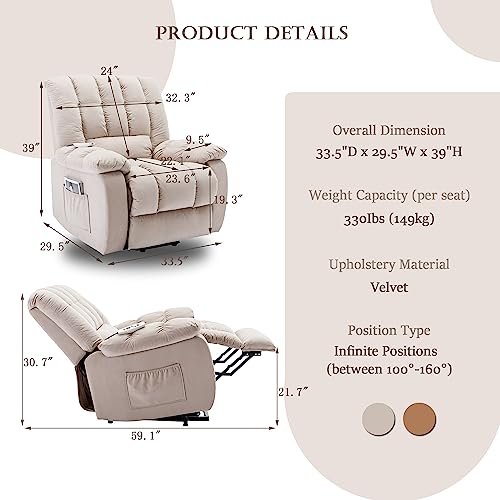 Velvet Electric Recliner Chair with Heat and Vibration, Beige Q660840
