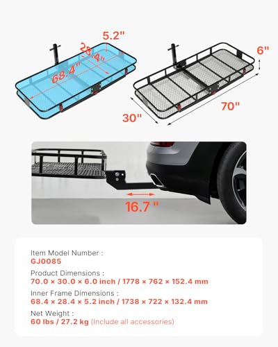 VEVOR 70" x 30" x 6" Hitch Cargo Carrier, 500 lbs Capacity, Folding for 2" Receiver I3546