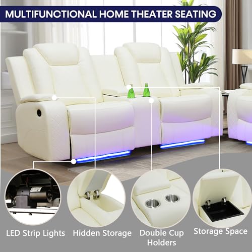 Leather Recliner Sofa Set with LED Lights, USB Port and Storage Console, 3 Piece, Black T442650