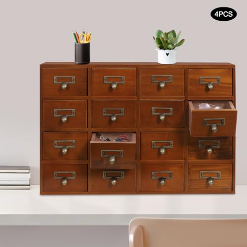 Vintage 16-Drawer Wooden Desktop Organizer with Iron Label Holders N538