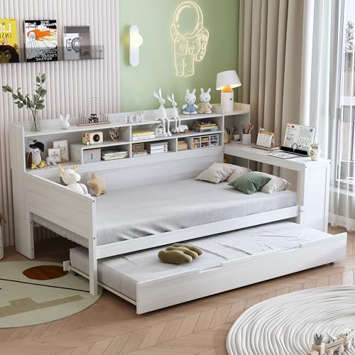 Bellemave Twin Corner Bed Frame with Storage Shelves and Desk, Gray L74206