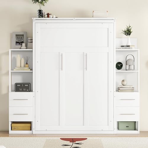 P PURLOVE Queen Size Murphy Bed,Solid Wood Murphy Cabinet Bed with Shelves and LED Lights,Wall Bed for Guest Room,Study,Office,White