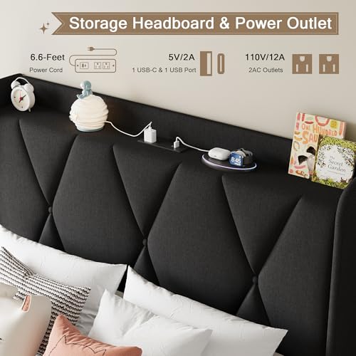Queen Bed Frame with 4 Storage Drawers and Charging Station, Black S804993