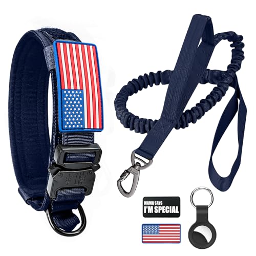 Tactical Dog Collar and Bungee Leash, Camo Military Dog Collar & Leash Set with USA American Flag Adjustable K9 Collar with Heavy Duty Metal Buckle & Handle,with Patches and Airtags Case (M, Green)