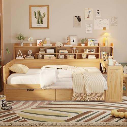 Bellemave Twin Corner Bed Frame with Storage Shelves and Desk, Gray L74206