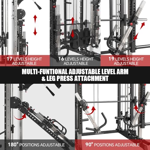 Commercial Smith Machine with Smith Bar, Power Cage Squat Rack with Lever Arm, Leg Press, LAT Pull Down System U34080